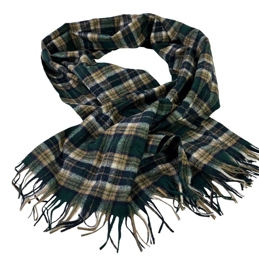 Pendleton Vintage Green Beige Fringe Plaid Winter 100% Pure Virgin Wool Scarf